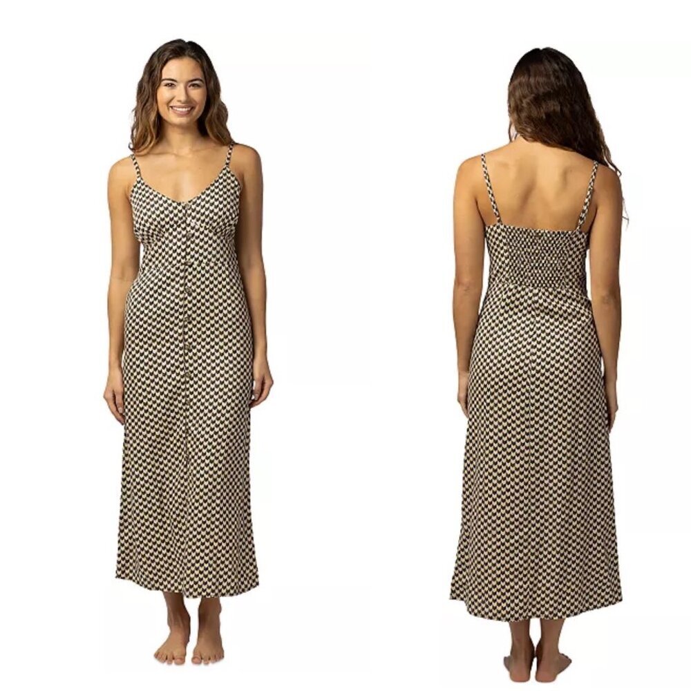 Rip Curl Isla Geo-Printed Midi Dress Spaghetti Strap Linen Blend